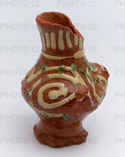 Pottery jug used with sludge decoration on stand surface, small size, jug crockery holder soil find ceramic earthenware glaze