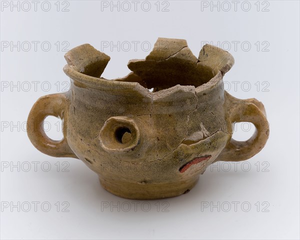 Pottery room pot, spout, yellow glazed, on stand, cream pot spout pot crockery holder soil find ceramic earthenware glaze lead