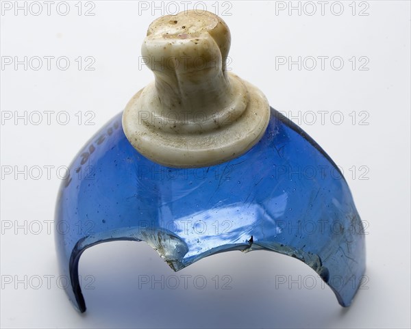 Fragment of glass bird cage basket or bird cage tray in clear blue and opaque white glass, trough container holder soil find