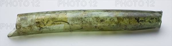 Hollow, slightly curved tube fragment, green, possibly fragment of distilling equipment, glass laboratory glass? soil find glass