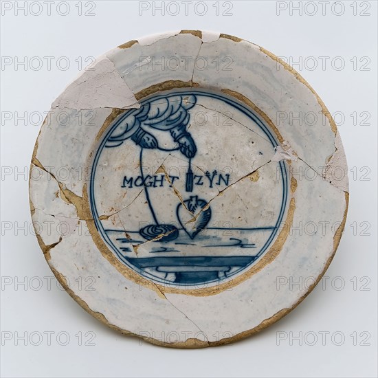 Earthenware faience plate, decor in blue on white ground, with spell, dish plate crockery holder earth discovery ceramic