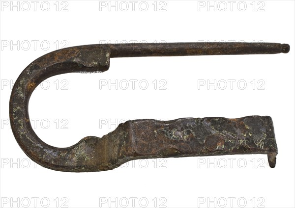 Lock bracket of large lock, padlock lock closing device soil found iron metal, forged bracket of mounting lock Two unequal legs