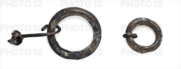 Two round buckles or rings, clasp fastener component soil find bronze copper brass metal, cast Two round rings probably round