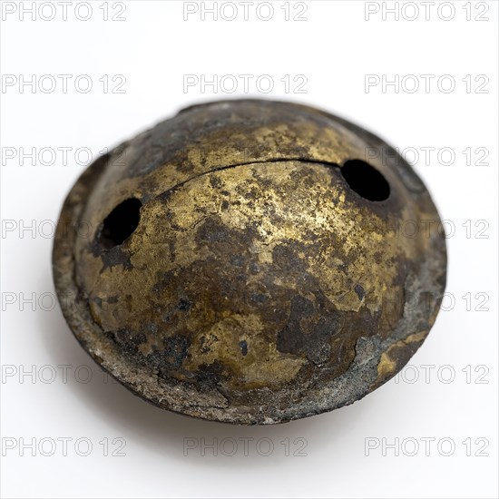 Copper bell of rattle, musical instrument or horse harness, bell sound medium Soil discovery copper brass metal, soldered Small