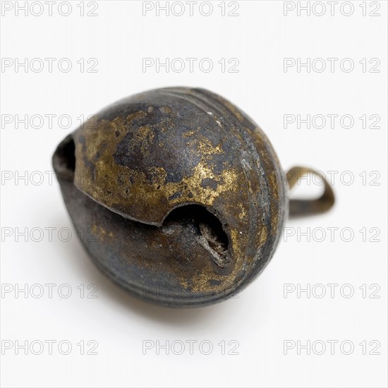 Copper bell of rattle, musical instrument or horse harness, bell sound means soil find copper brass metal, soldered Small copper