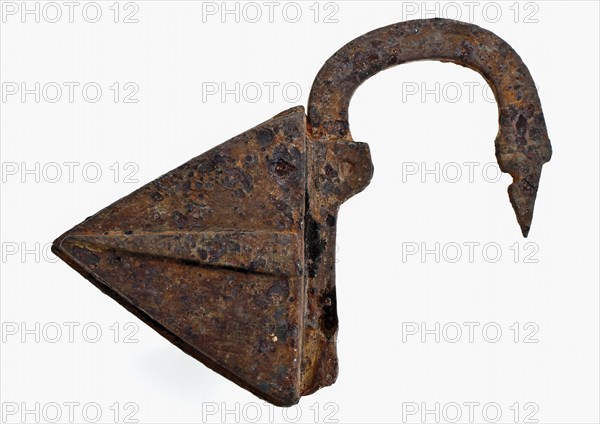 Iron padlock, triangular in shape, padlock lock closing device soil find iron metal, forged Triangular iron padlock with flat