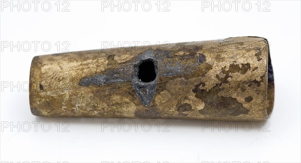 Conical brass tube with hole in side wall, artifact soil found brass metal, Hollow tapered pipe with hole in the side wall