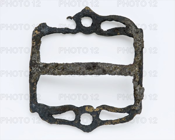 Belt accessory in the form of buckle with bent middle post, including hanging loop, clasp fastener component soil find copper