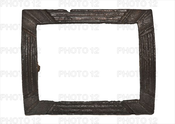 Shoe buckle with decorated rectangular frame, buckle fastener component soil find tin metal, cast Buckle rectangular bracket