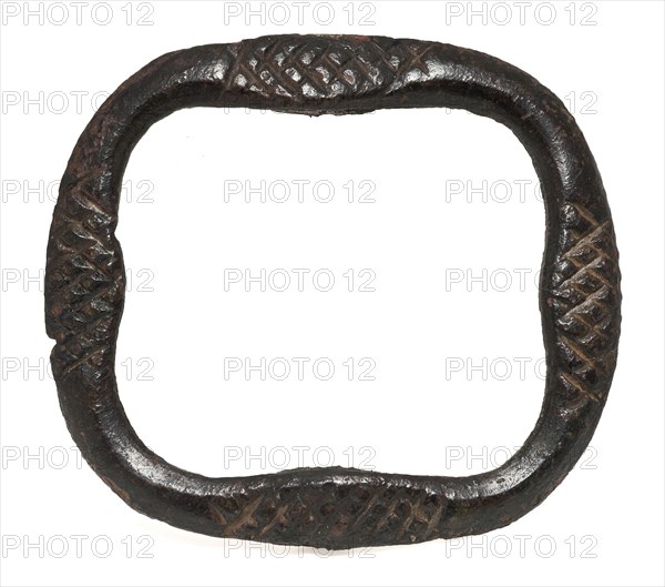 Shoe buckle, buckle decorated with embossed grid pattern, clasp fastener component soil find bronze copper metal, cast shoe Shoe