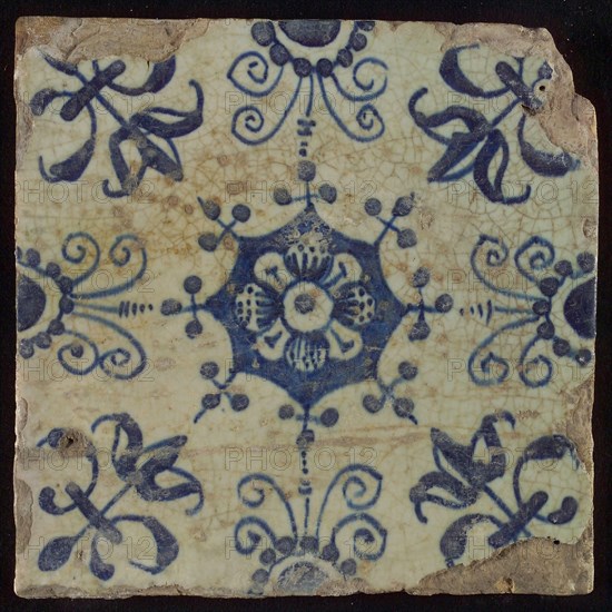 Tile, blue on white, central flower within star shape, three-piece around, half rosette, corner pattern lily, wall tile