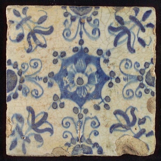 Tile, blue on white, central flower within star shape, three-piece around, half rosette, corner pattern lily, wall tile