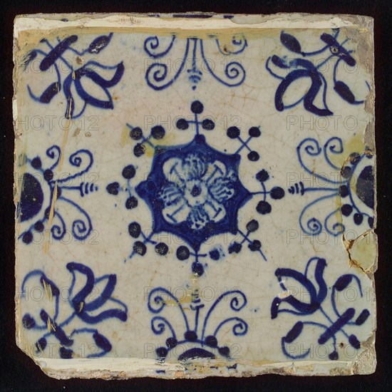 Tile, blue on white, central flower within star shape, three-spot around, half rosette, corner pattern lily, wall tile