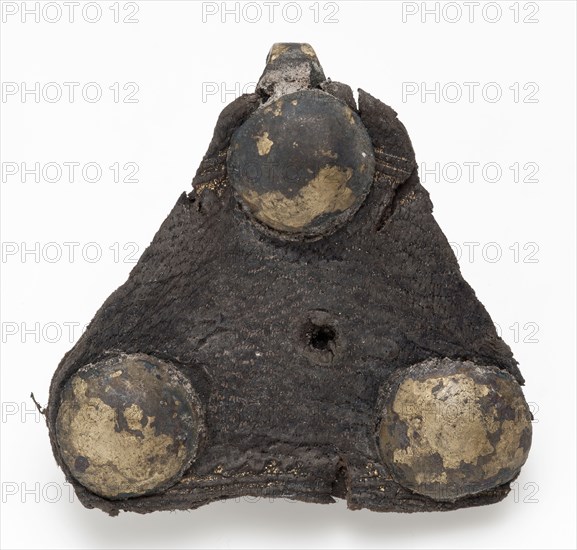 Triangular riveted piece of batter with hook and remnant leather, fitting closure soil finding brass leather metal, whipped