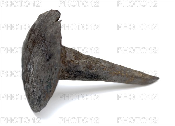 Two bronze forged nails or ornamental nails, nail fitting fittings fastener soil find bronze metal no.1), head, cast forged