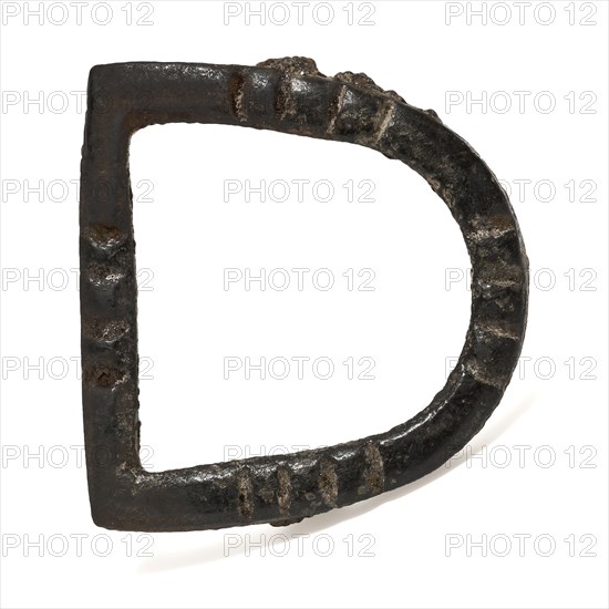 Copper buckle, D-shaped, decorated with dowels, buckle fastener part soil find copper brass metal, cast brass buckle