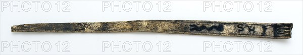 Copper oblong strip with engraving and text, artifact soil found brass metal, engraved Flat rod ending in point at the front