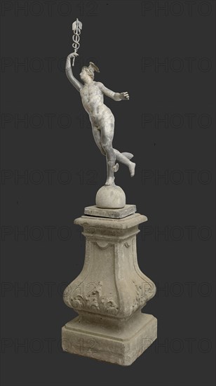 Giovanni da Bologna (kopie after:), Loden garden statue, Mercury with the staff raised, on stone pedestal, garden sculpture
