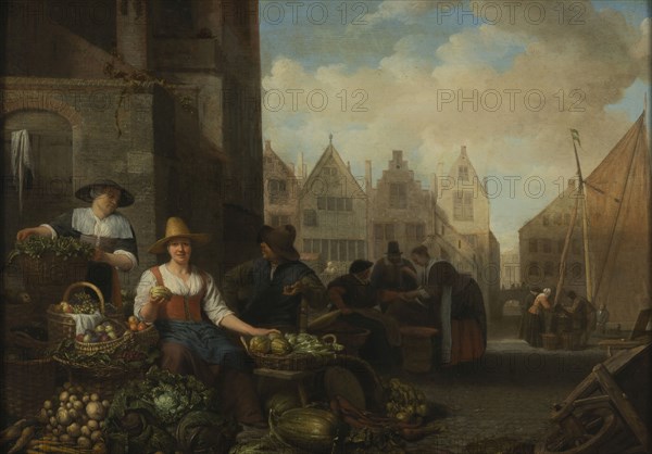 Hendrick Martensz Sorgh, The vegetable market, cityscape painting art oil painting wood gold plaster, Oil on panel lying