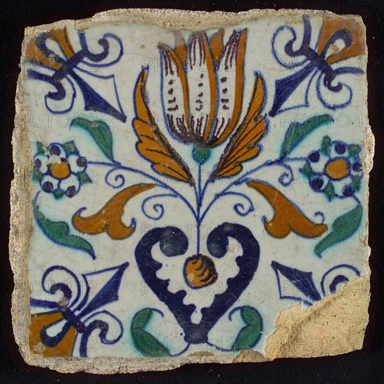 Tile, blue draft, brown, purple and green on white, central tulip and heart, corner motif lily, wall tile tile sculpture ceramic