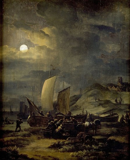 Egbert van der Poel, Beach with fishing boats by moonlight, painting footage oil painting wood, Painting: oil on panel standing