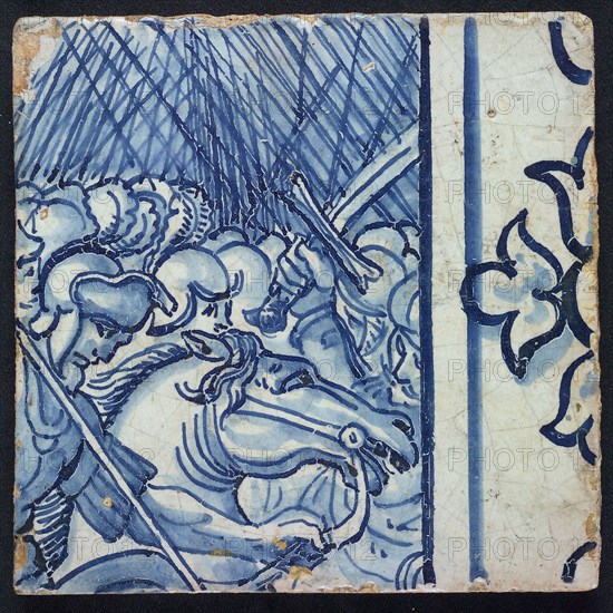 Tile of tile picture, blue, white ground, parts of two consecutive biblical scenes, 1-2 battle with Roman soldiers on horseback