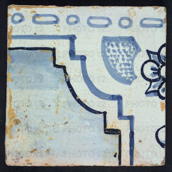 Corner tile of tile panel blue, white ground, two consecutive biblical scenes, with floral pattern and part floor or sky, tile