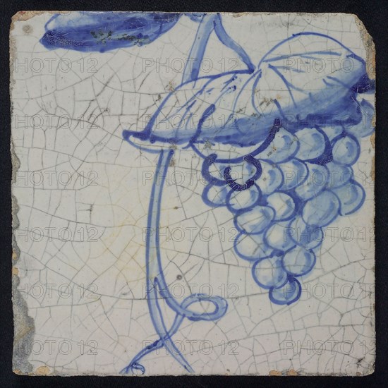 Blue tile with bunch of grapes and leaves, of pilaster with 39 tiles, tile pilaster footage fragment ceramics pottery glaze, Two