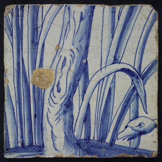 Blue tile with mating swans, of chimney pilaster with 39 tiles, tile pilaster footage fragment ceramic pottery glaze, Nine blue