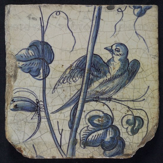 Blue tile with looking bird to dragonfly, on grape leaf of chimney pilaster with 13 tiles, tile pilaster footage fragment earth