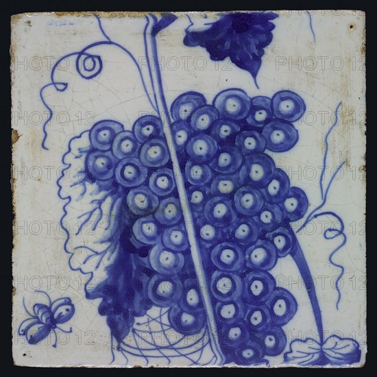 Blue grape stems with stem, spiderweb and flying beetle, belonging to chimney pilaster with 13 tiles, tree of bunches of grapes