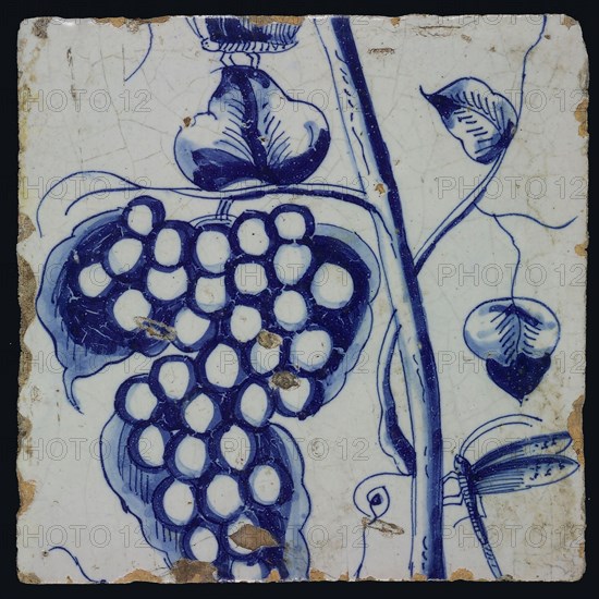 Blue grape stem with stem, dragonfly and butterfly, leaves and tendrils belonging to chimney pilaster with 13 tiles, tree