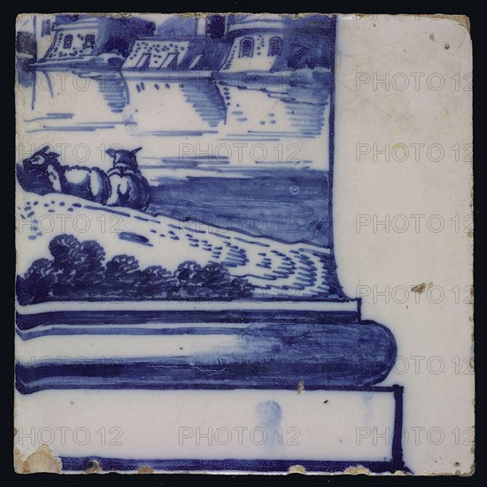Blue tile with right base of pillar showing landscape with sheep, water, houses of pilaster with 26 tiles, tile pilaster footage