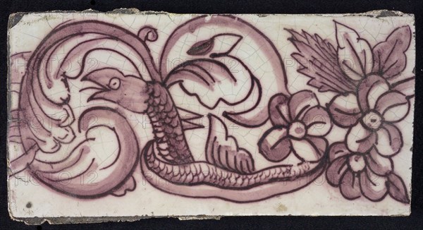 Rectangular edge tile in purple with sling of leaves, flowers and twisted snake with scales and fin, edge tile wall tile tile