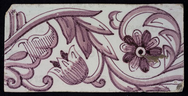 Rectangular edge tile in purple with tulip decor, with flower of ten oval petals, leaves, type of tulip fawn, yellow pottery