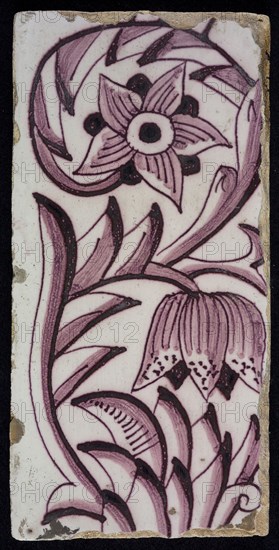 Rectangular edge tile in purple with pendulum decor of speckled tulip, flower with ten triangular petals, leaves, type tulip