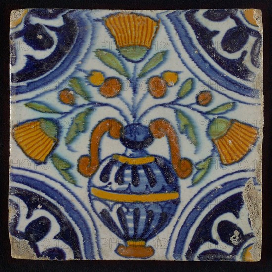 Tile, blue draft, orange, brown, yellow and green on white, central flowerpot with marigolds, corner pattern, rosette, wall tile