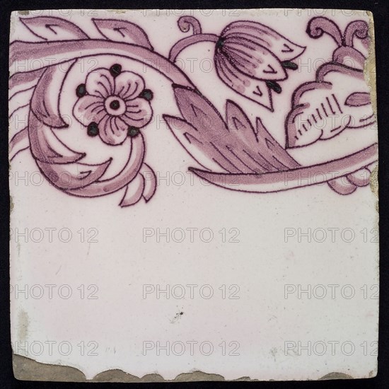 Border tile, purple on lilac fond with tulip garland, flower with five oval petals, leaves, tulip fin on whole, yellow pottery