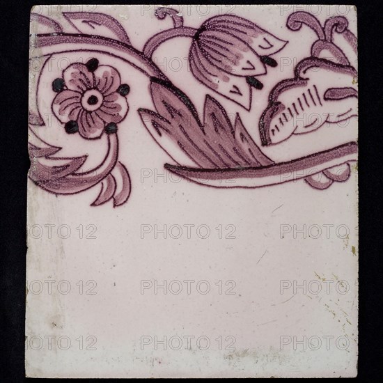 Border tile, purple on lilac fond with tulip garland, flower with five oval petals, leaves, tulip fin on whole, yellow pottery