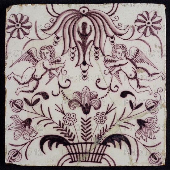 Light purple tile, two twisting angels with flower in hand, flower vase with different flowers, two types of flowers as corner