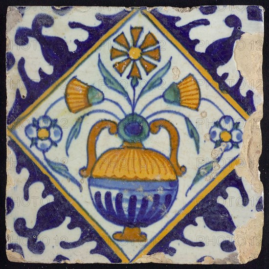 Flower tile, orange, brown, green, and blue on white, flowerpot in square, corner pattern palm, wall tile tile sculpture ceramic