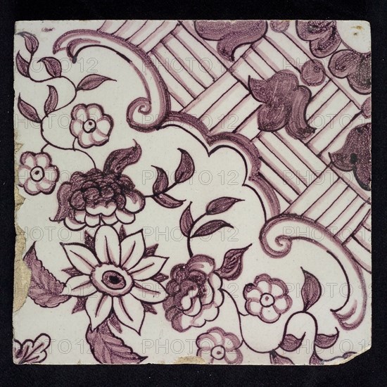 Purple ornament tile with diagonal decor and flower, wall tile tile sculpture ceramic earthenware glaze tin glaze, baked 2x