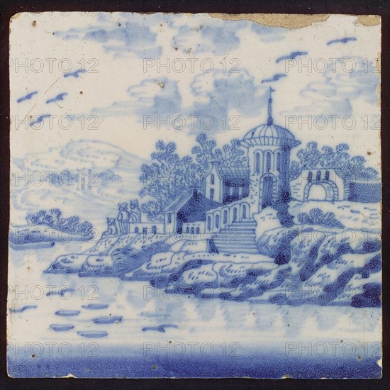 Tile, blue on white, outdoor, on hill city wall with tower, inside house and trees, three people watching the river, background