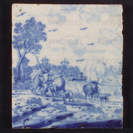 Tile, blue on white, outdoor, man with three cows, sheep and goat on pasture by river, rowing boat with person on the water