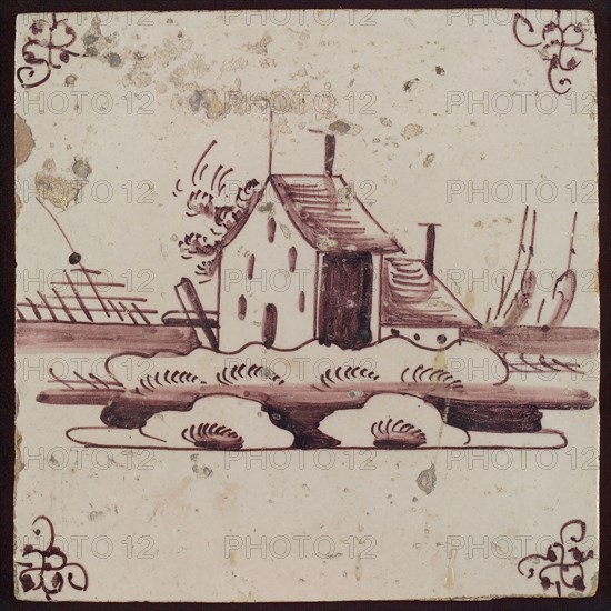 Scene tile, house with shed, corner motif spider, wall tile tile sculpture ceramic earthenware glaze, baked 2x glazed painted