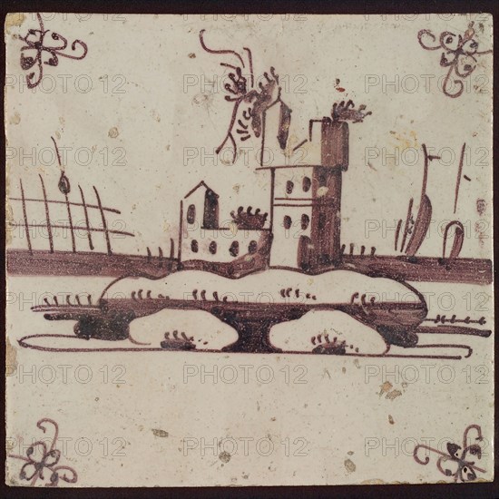 Scene tile, ruin of tower on island, corner motif spider, wall tile tile footage ceramic earthenware glaze, baked 2x glazed