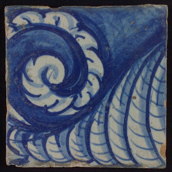 Tile with blue twisted curl, tile pilaster footage fragment ceramic pottery glaze, d 1.1