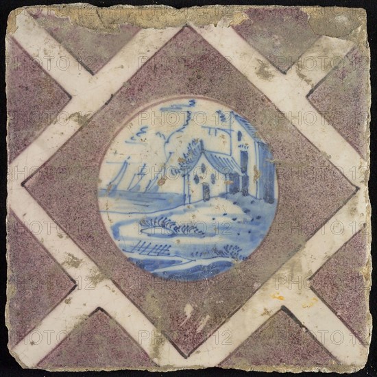 Scene tile, house and sailing ships, corner pattern half purple squares and white band, wall tile tile sculpture ceramic