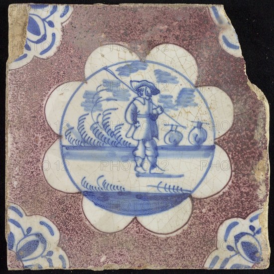 Scene tile, shepherd with stick and sheep, corner motif quarter floral pattern, wall tile tile sculpture ceramic earthenware