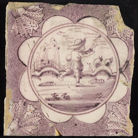 Scene tile, walking shepherd with staff and sheep, corner motif carnation, wall tile tile sculpture ceramic earthenware glaze